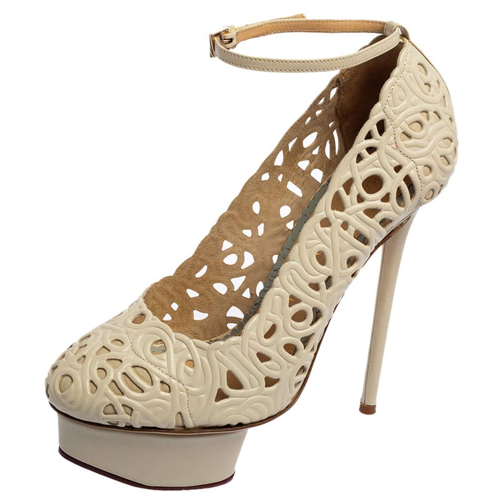 Charlotte Olympia Cream Cut Out Leather Scribble Dolores Pumps Size 36 For Sale at 1stDibs