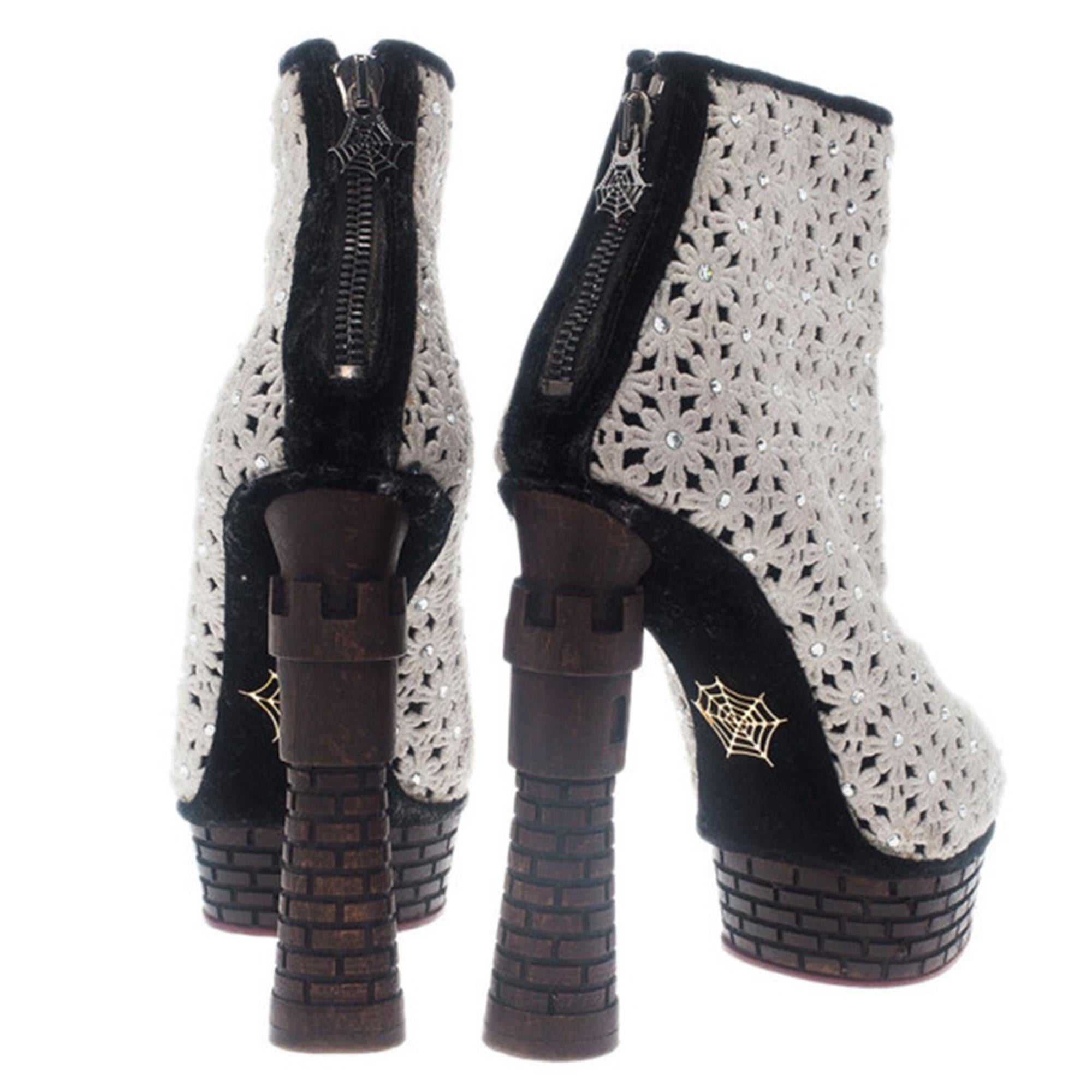 Gray Charlotte Olympia Cream Damsel In Distress Crocheted Ankle Boots Size 36.5