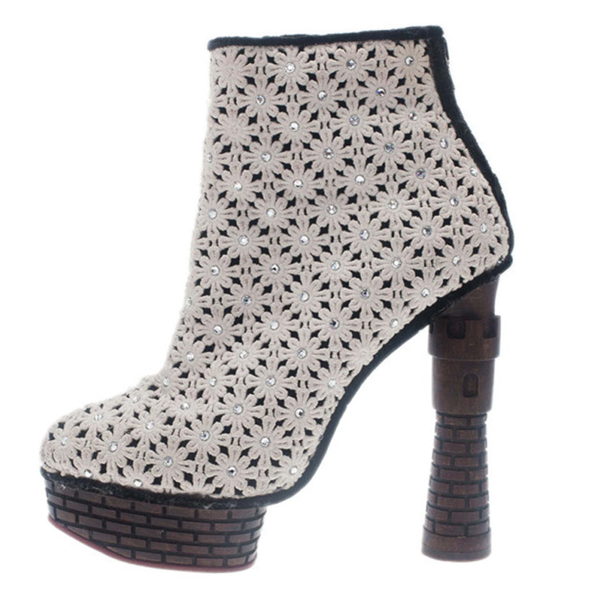 Women's Charlotte Olympia Cream Damsel In Distress Crocheted Ankle Boots Size 36.5