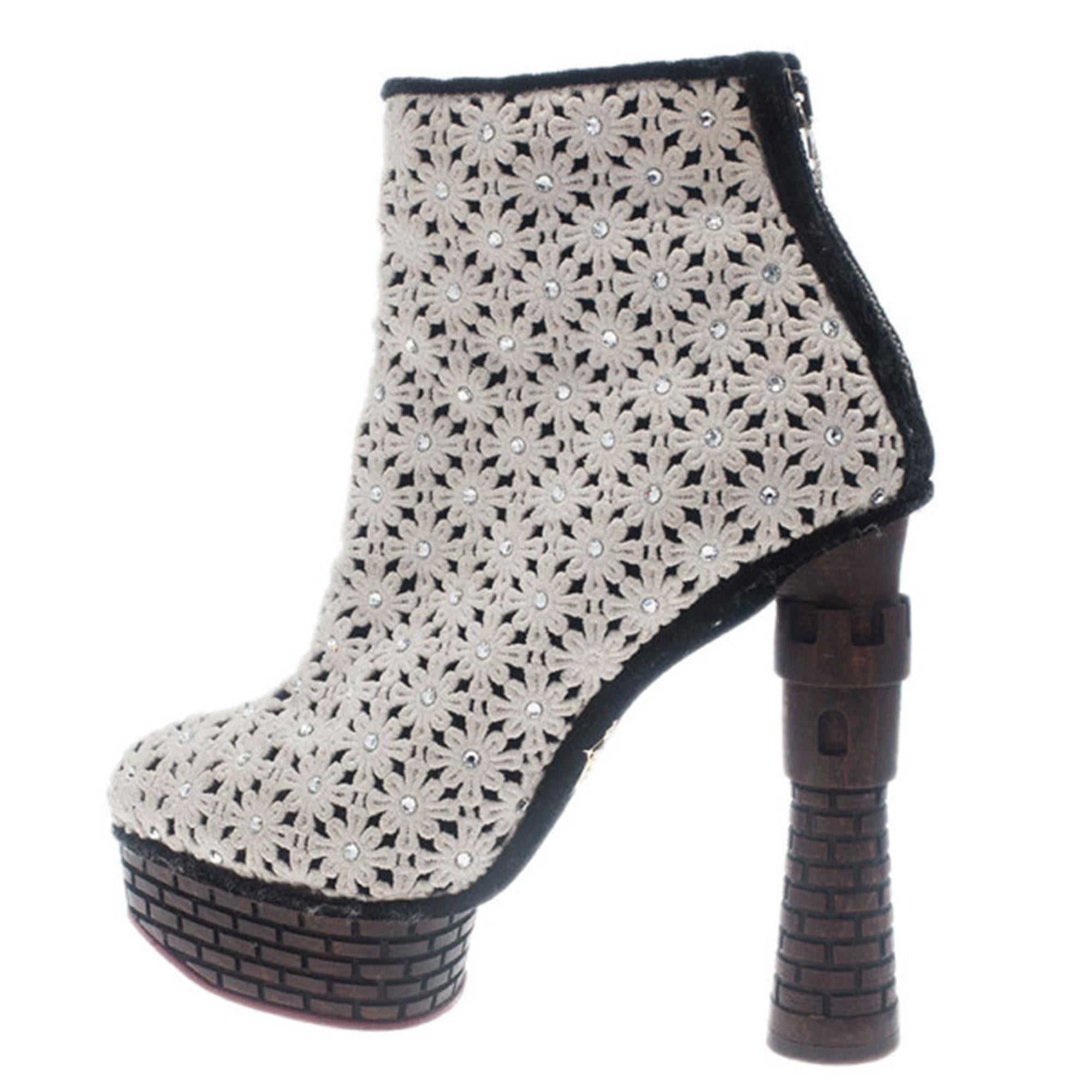 Charlotte Olympia Cream Damsel In Distress Crocheted Ankle Boots Size 36.5 1