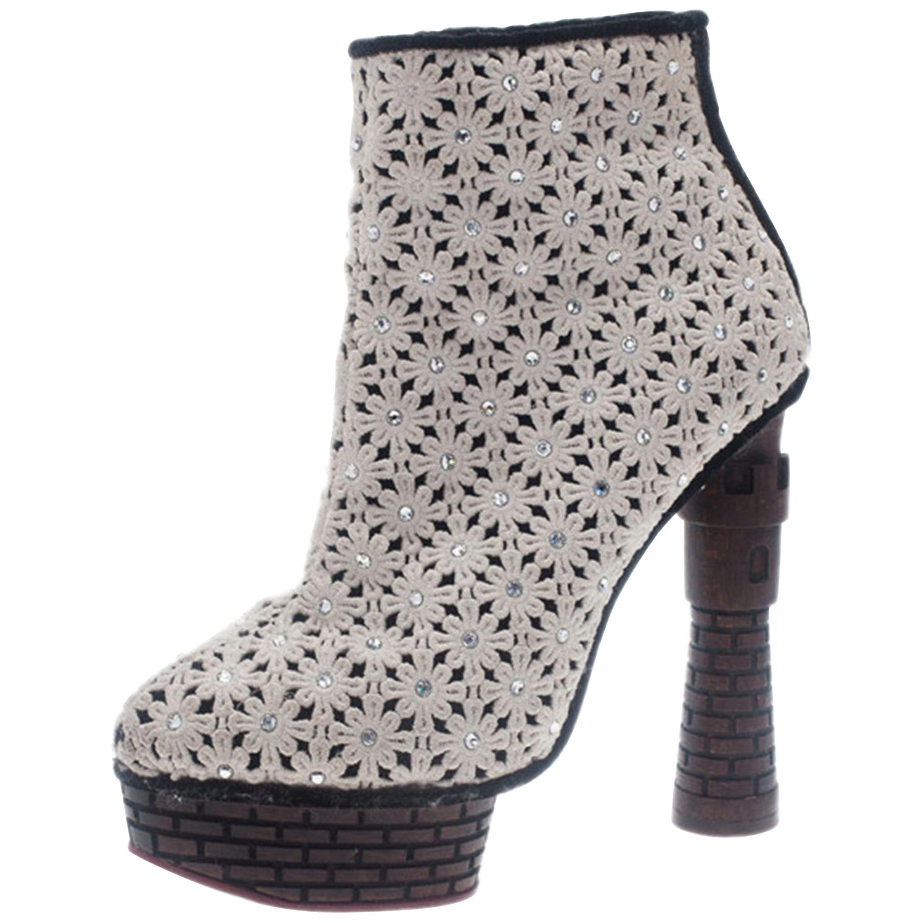 Charlotte Olympia Cream Damsel In Distress Crocheted Ankle Boots Size 36.5