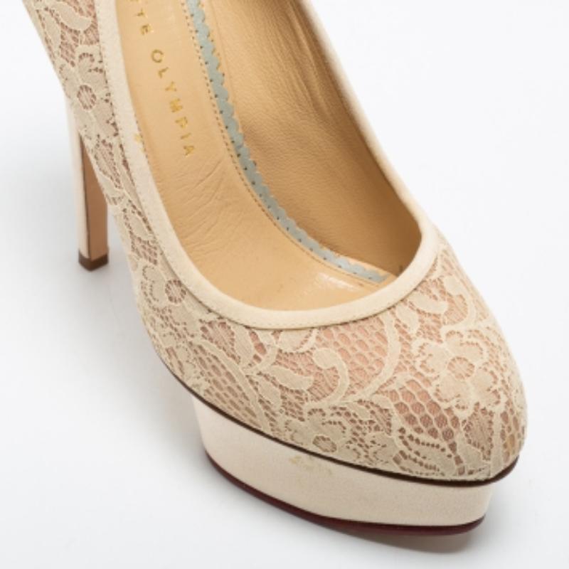 Beige Charlotte Olympia Cream Lace Polly Platform Pumps Size 38.5 For Sale