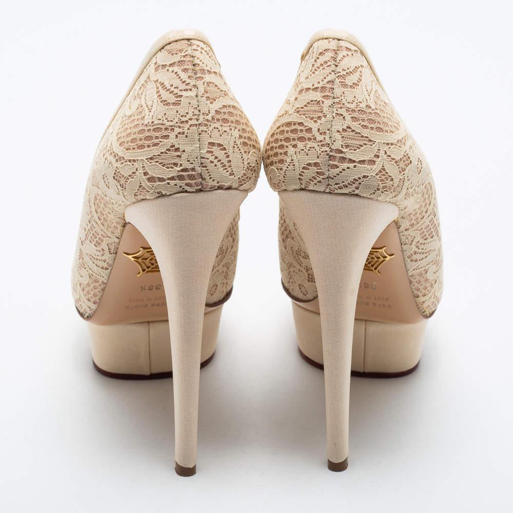 Women's Charlotte Olympia Cream Lace Polly Platform Pumps Size 38.5