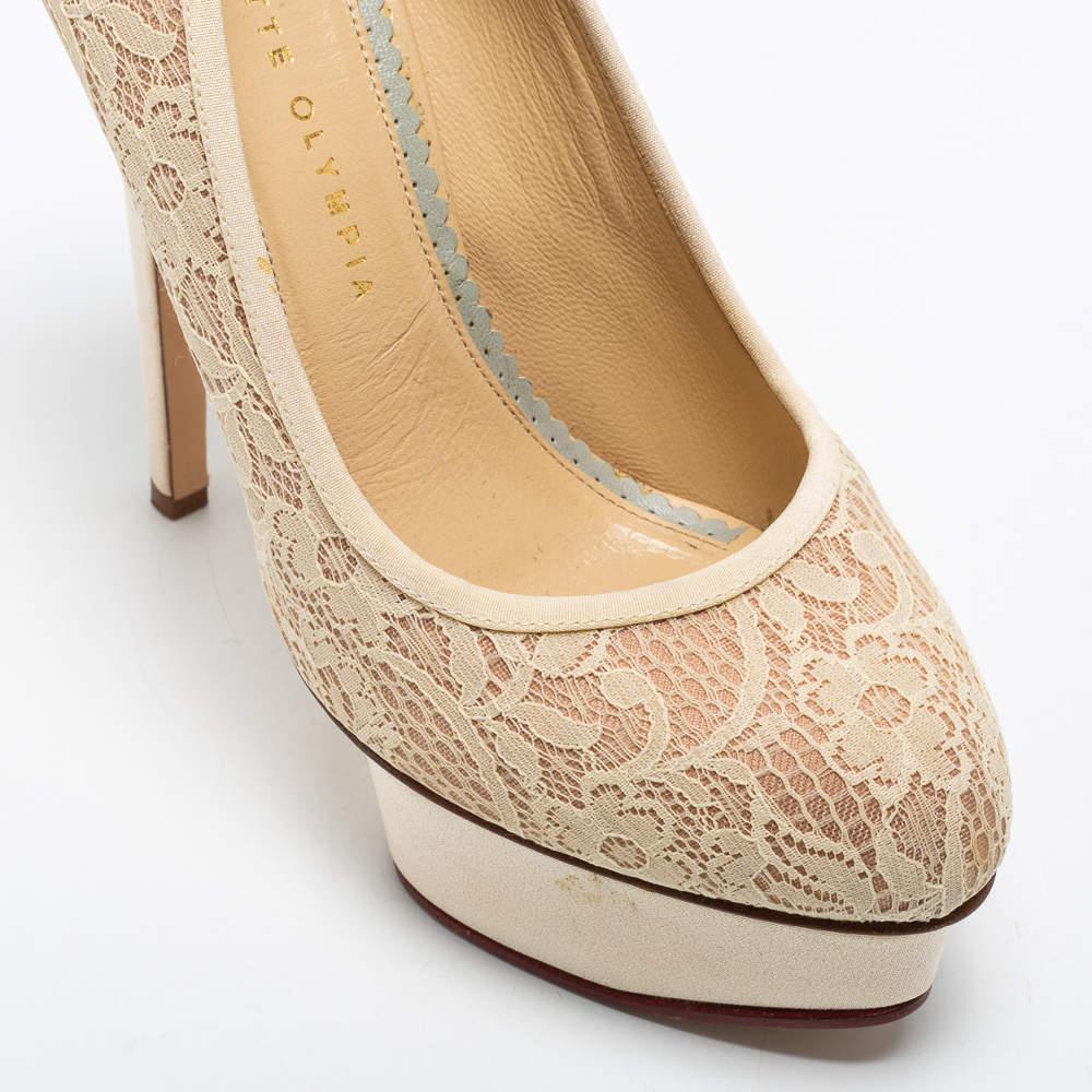 Charlotte Olympia Cream Lace Polly Platform Pumps Size 38.5 2