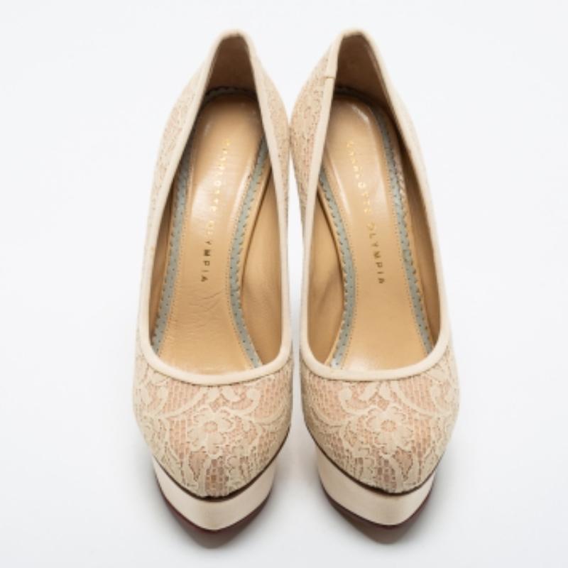 Charlotte Olympia Cream Lace Polly Platform Pumps Size 38.5 For Sale 2