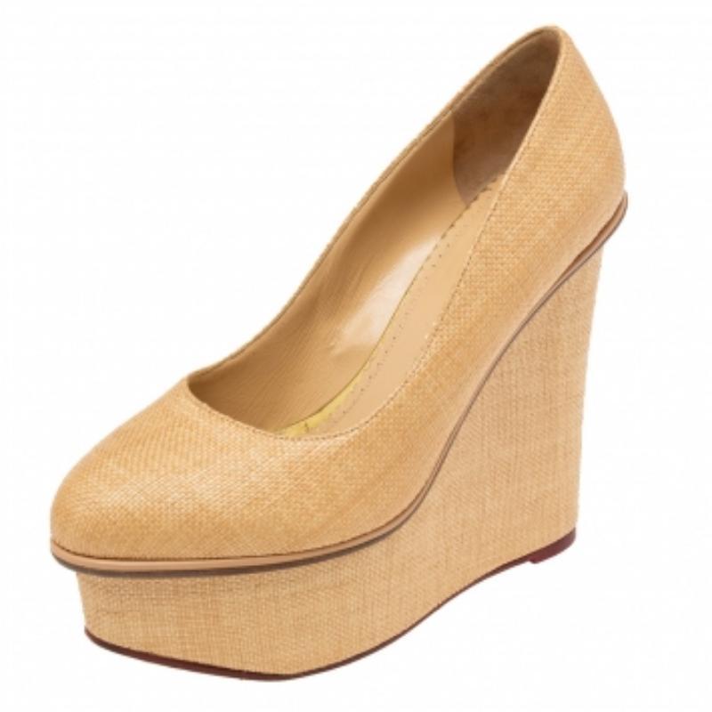 White Charlotte Olympia Cream Yellow Raffia Carmen Wedge Platform Pumps Size 37 For Sale