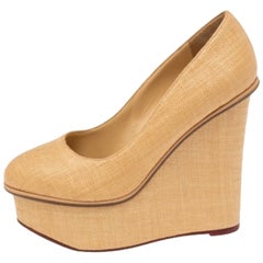 Charlotte Olympia Cream Yellow Raffia Carmen Wedge Platform Pumps Size 37