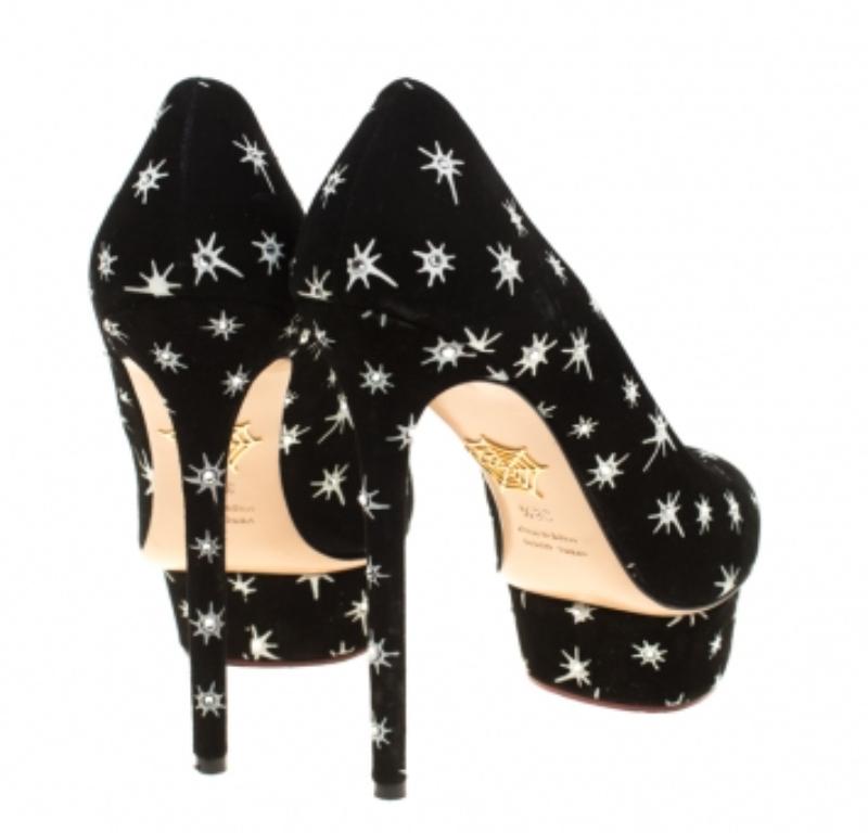 Noir Charlotte Olympia Crystal Embellish Print Suede Joise Platform Pumps Size 38.5 en vente