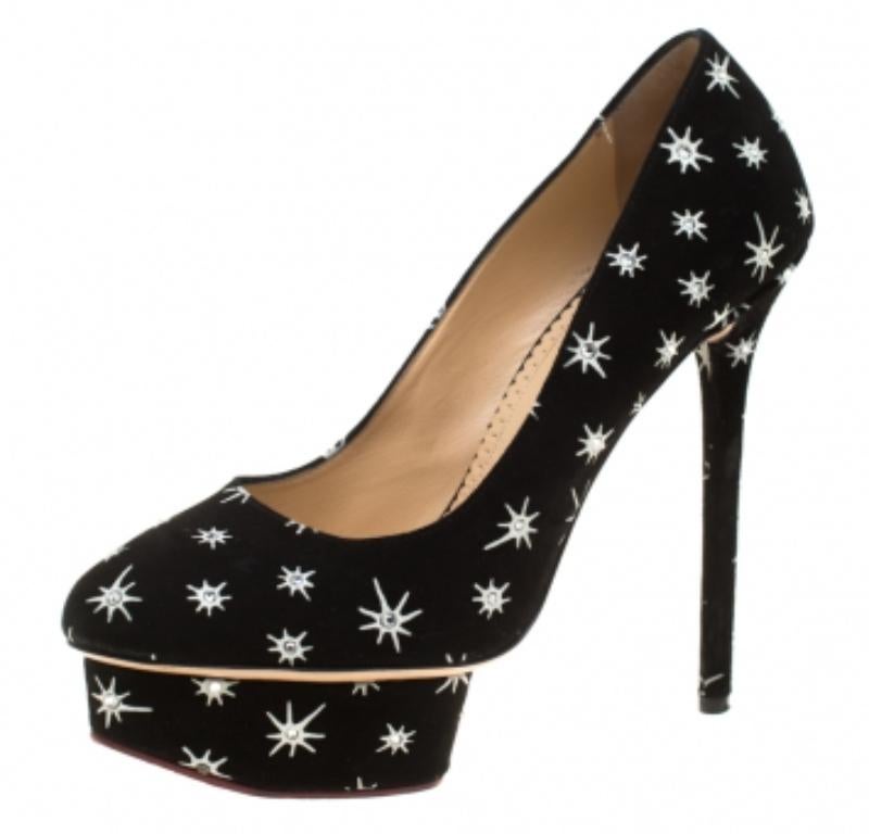 Charlotte Olympia Crystal Embellish Print Suede Joise Platform Pumps Size 38.5 en vente 1