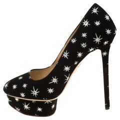 Charlotte Olympia Crystal Embellished Print Suede Joise Platform Pumps Size 38.5
