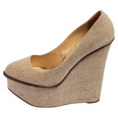 Charlotte Olympia Dark Beige Canvas Carmen Wedge Pumps Size 38