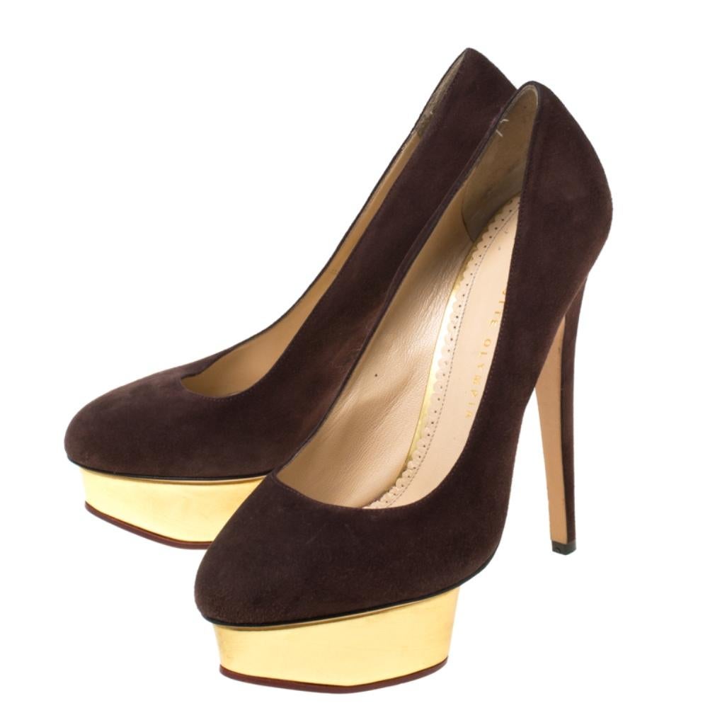 Charlotte Olympia Dark Brown Suede Dolly Platform Pumps Size 39.5 In Fair Condition In Dubai, Al Qouz 2