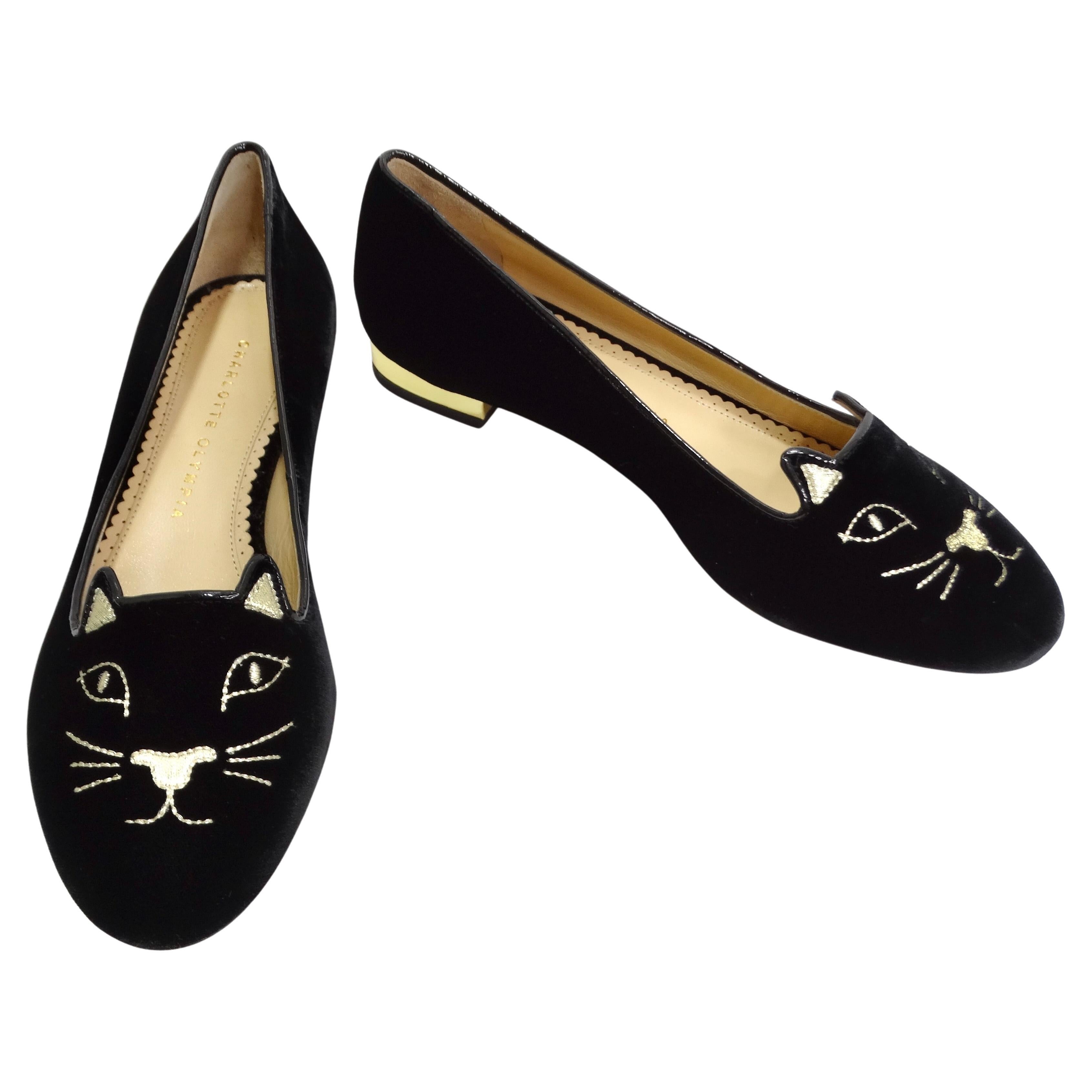 Charlotte Olympia Designer Signed Kitty Embroidered Flats For Sale