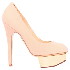 Zapatos de tacón con plataforma «Dolly» de CHARLOTTE OLYMPIA, de lona beige y metalizado dorado «Island», talla EU36