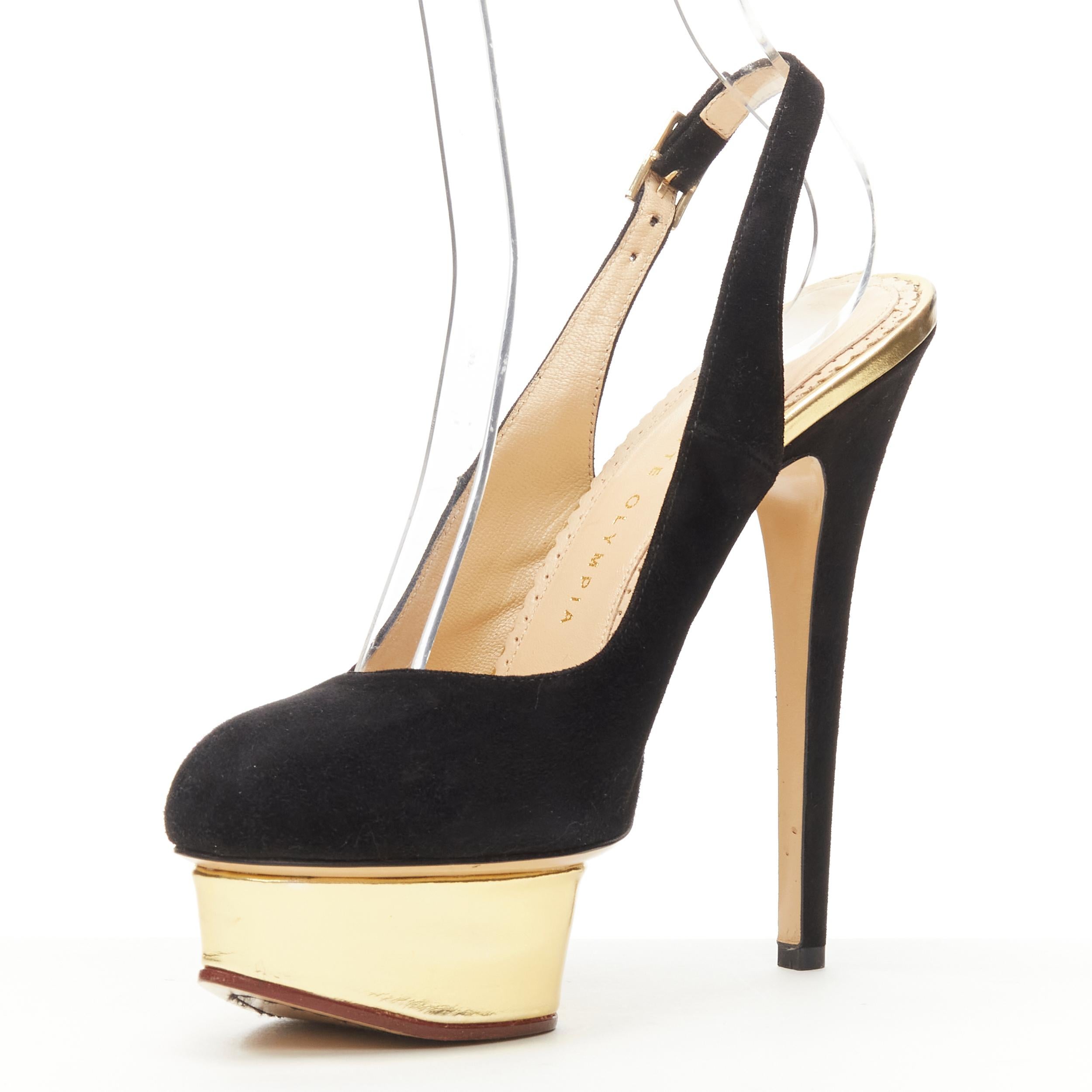 CHARLOTTE OLYMPIA Dolly black suede gold platform sling back pump EU38 In Good Condition In Hong Kong, NT