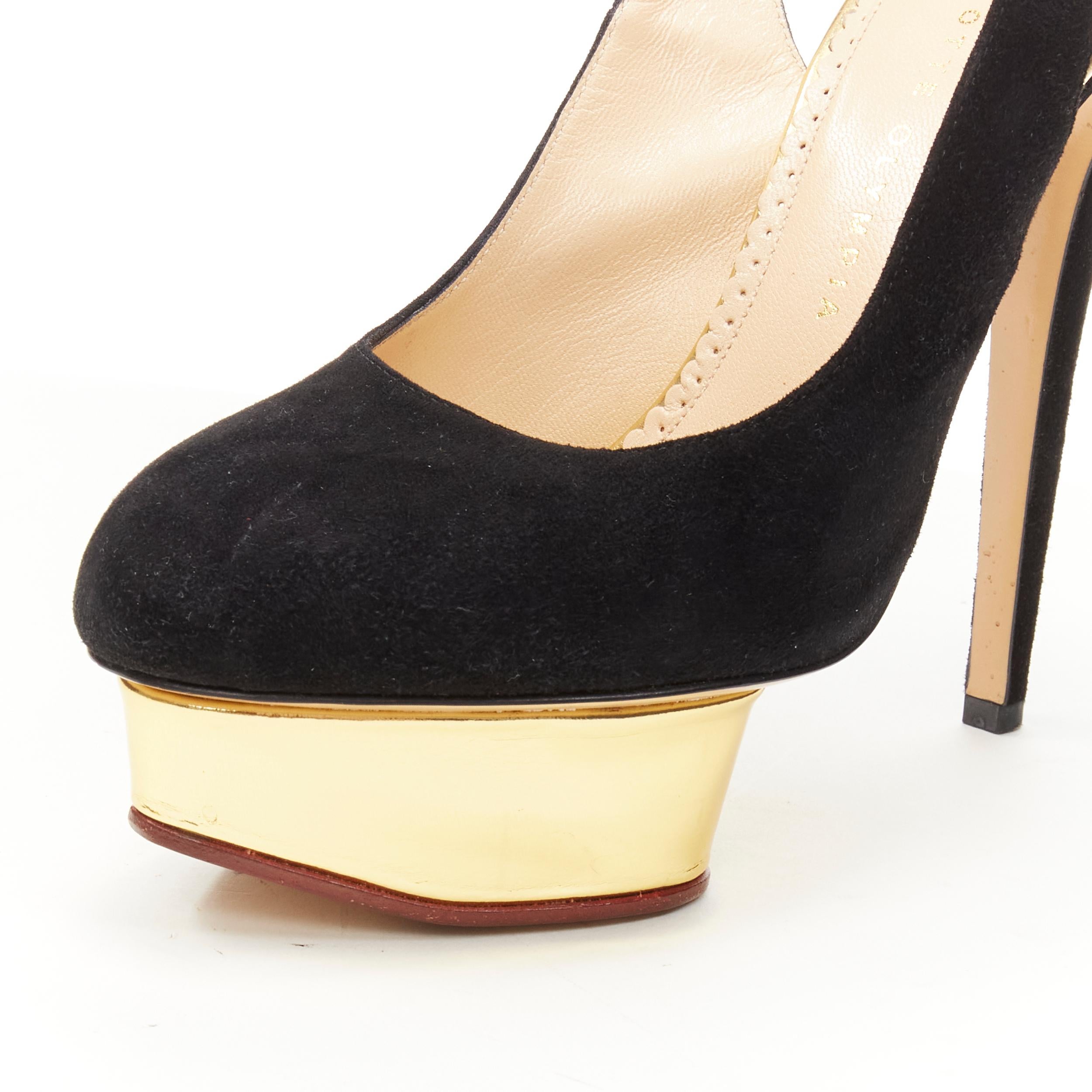 CHARLOTTE OLYMPIA Dolly black suede gold platform sling back pump EU38 2