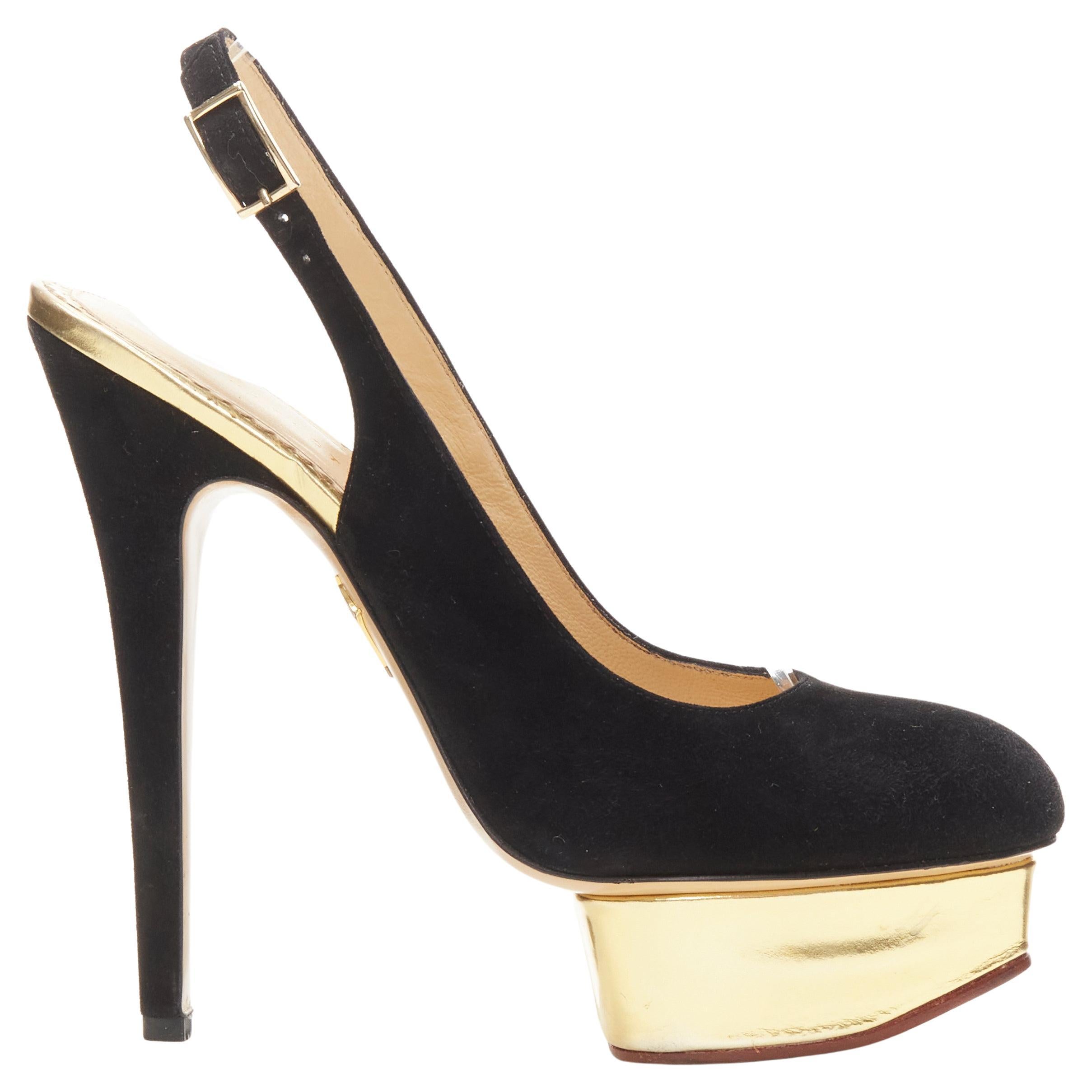 CHARLOTTE OLYMPIA Dolly black suede gold platform sling back pump EU38