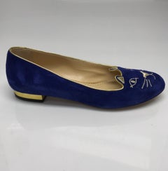 Charlotte Olympia Electric Blue Suede Ballet Flats w/ Gold Kitty-38