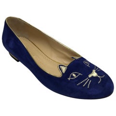Charlotte Olympia Electric Blue Suede Ballet Flats w/ Gold Kitty-38