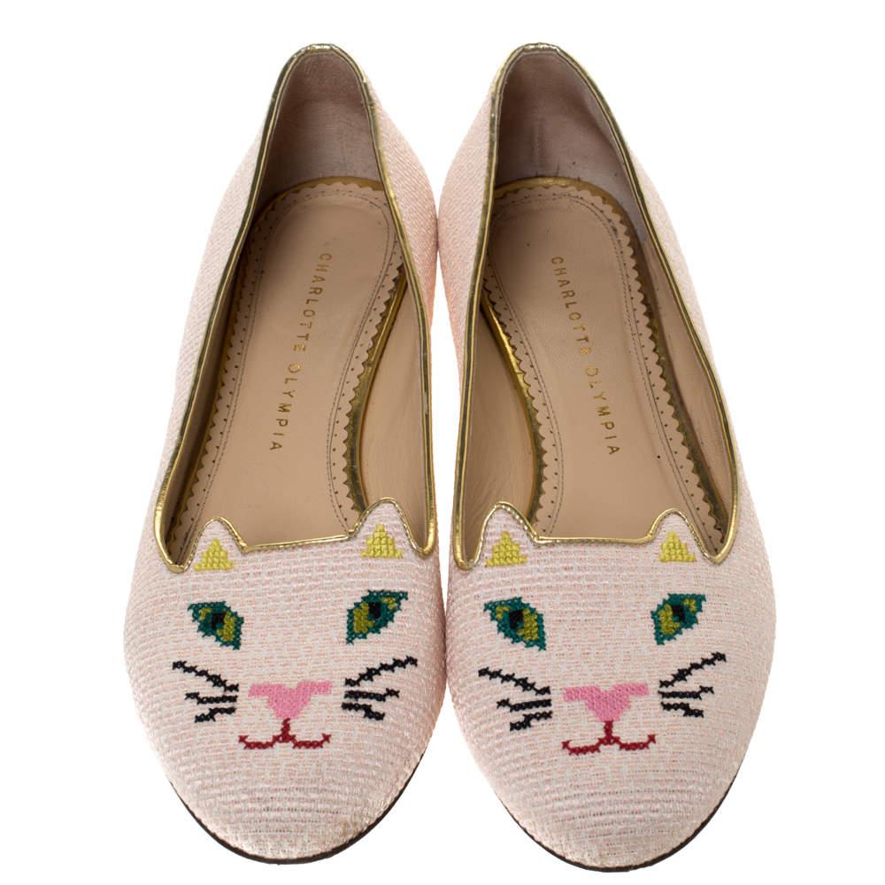 Beige Charlotte Olympia Embroidered Canvas Emoticat Cheeky Kitty Ballet Flats Size 40