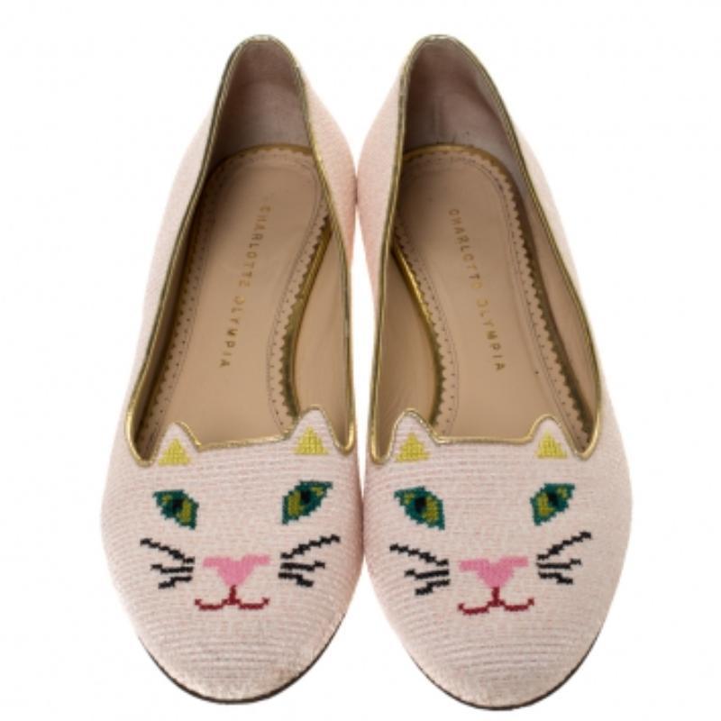 Charlotte Olympia - Chausssures de ballet en toile brodée Emoticat Cheeky Kitty - Taille 40 Bon état - En vente à Dubai, Al Qouz 2