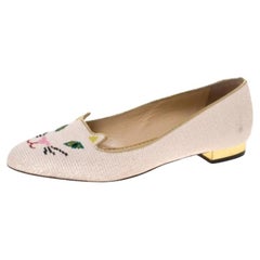 Charlotte Olympia Embroidered Canvas Emoticat Cheeky Kitty Ballet Flats Size 40