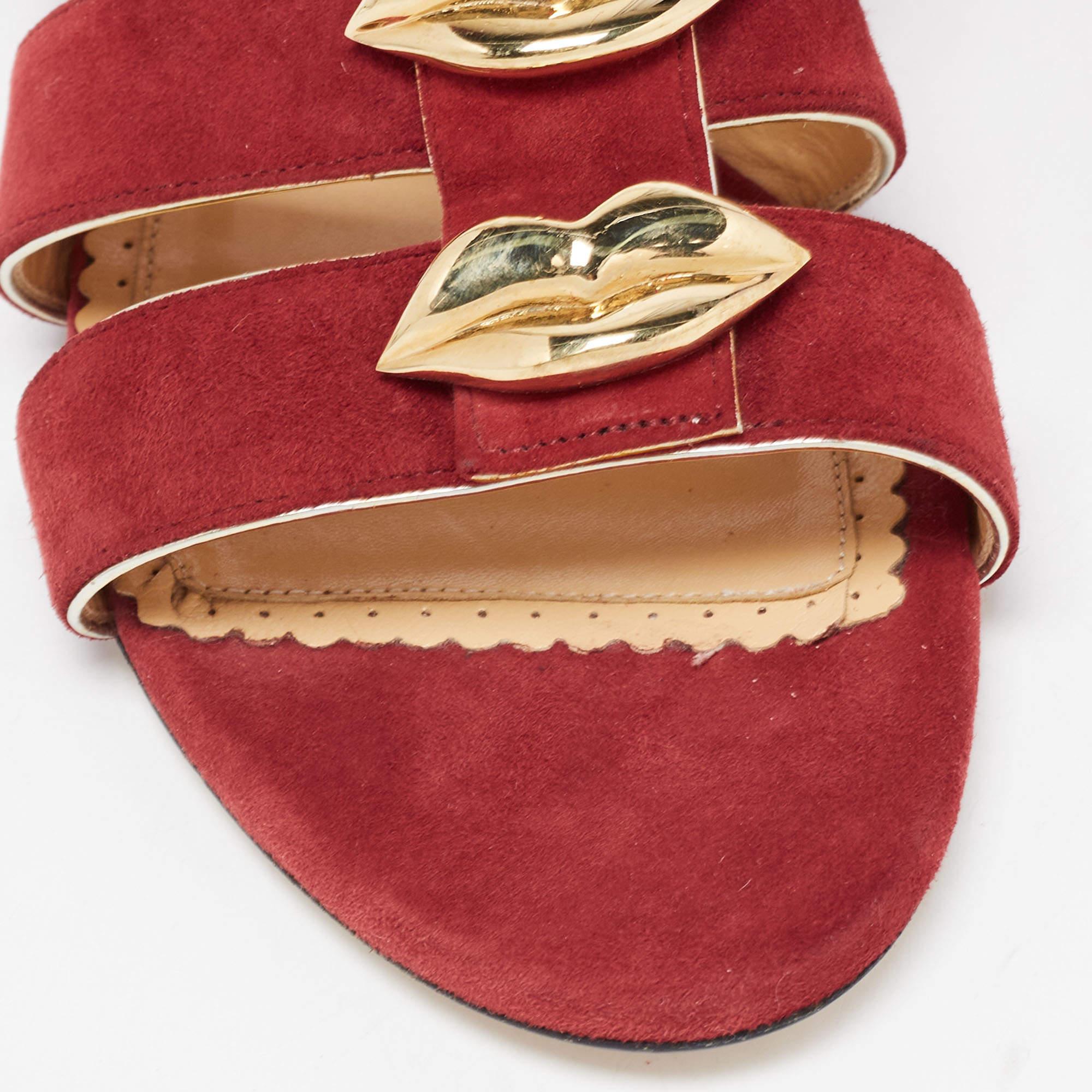 Charlotte Olympia Garnet Red Suede One More Kiss Flat Flat Sandals Size 36 2