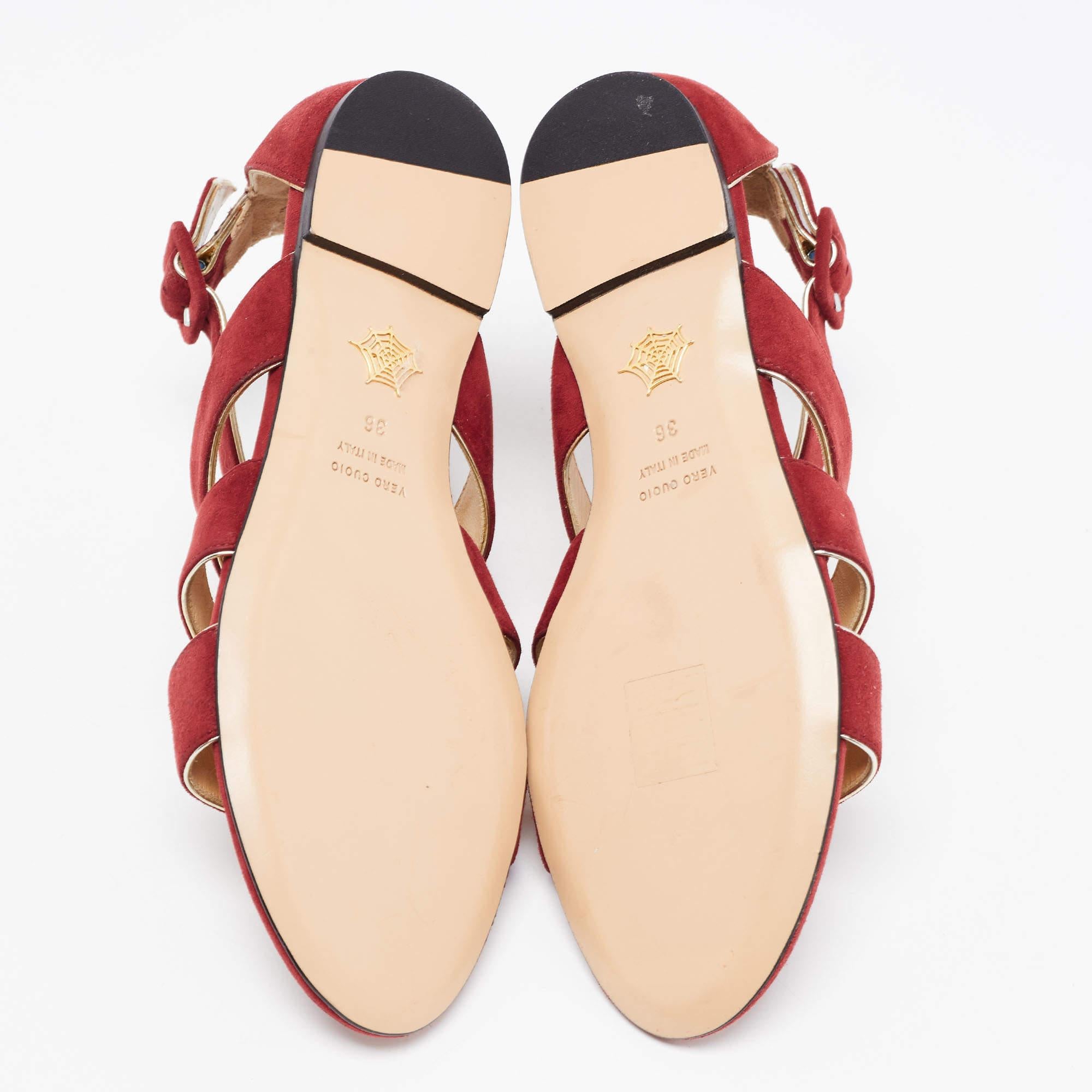 Charlotte Olympia Garnet Red Suede One More Kiss Flat Flat Sandals Size 36 4