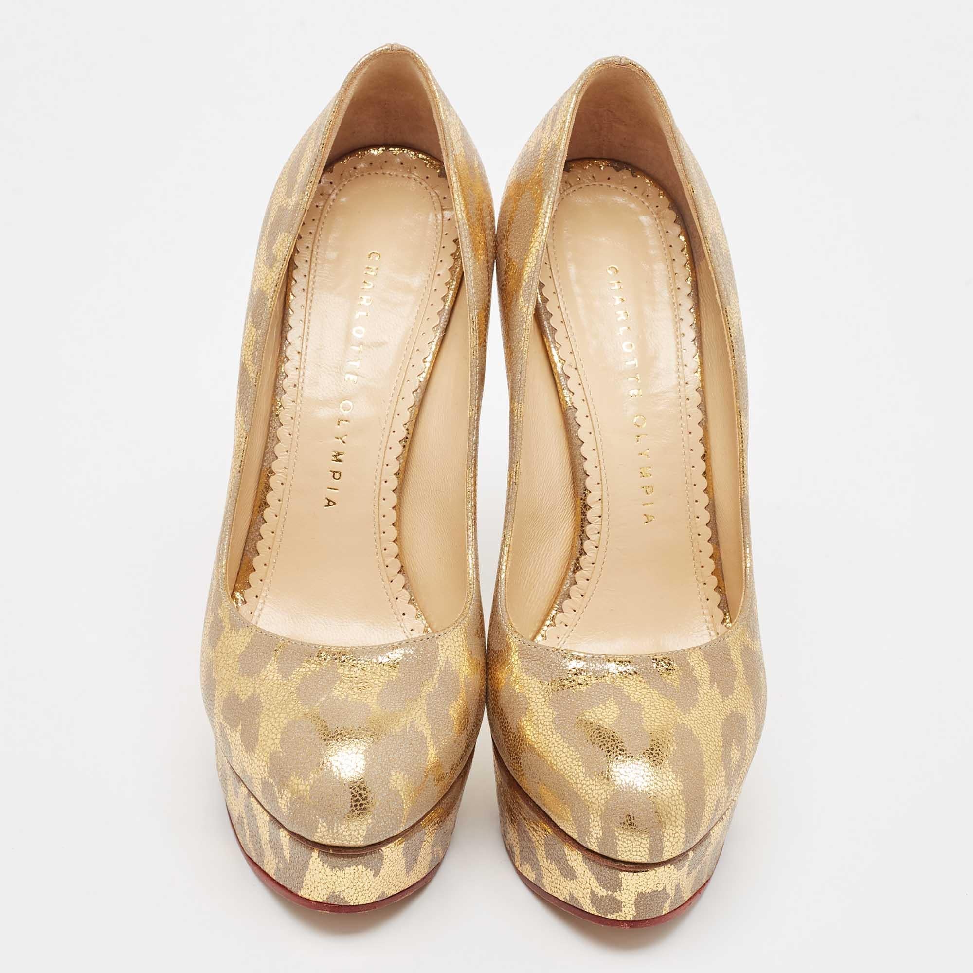 Beige Charlotte Olympia Gold/Grey Leather Dolly Platform Pumps Size 37.5 For Sale