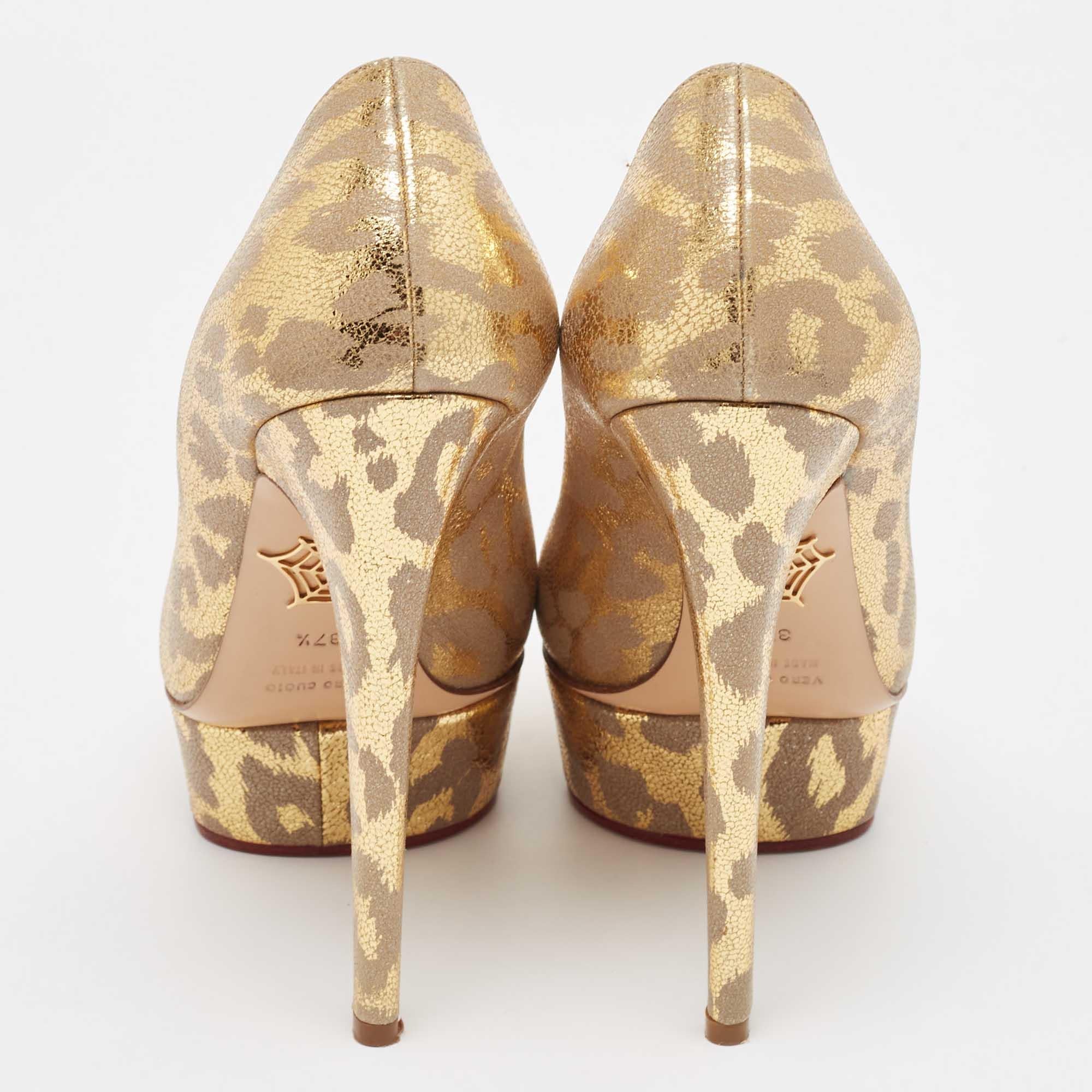 Women's Charlotte Olympia Gold/Grey Leather Dolly Platform Pumps Size 37.5 For Sale