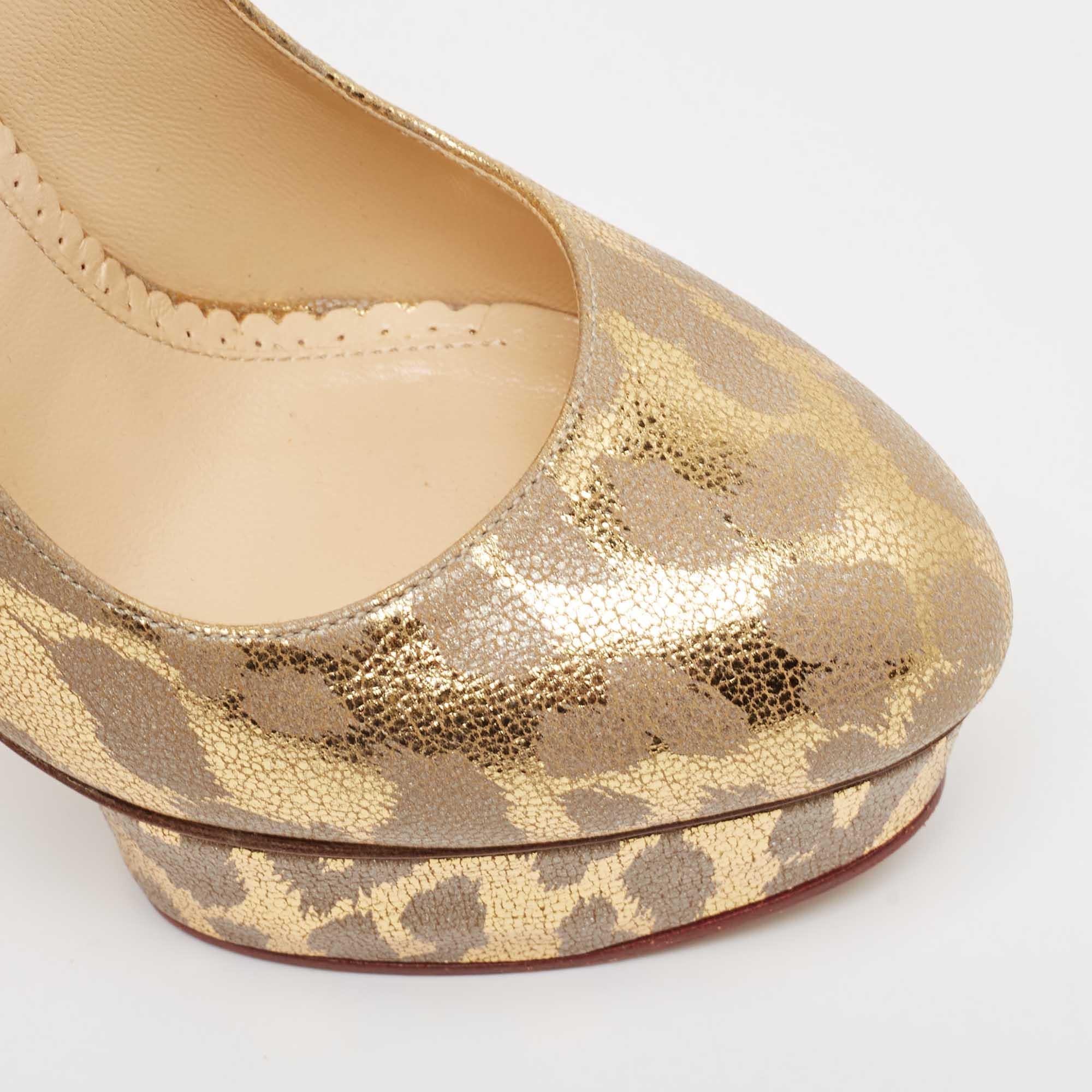 Charlotte Olympia Gold/Grey Leather Dolly Platform Pumps Size 37.5 For Sale 2