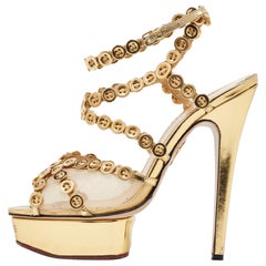 Charlotte Olympia Gold Leather and Mesh Button Up Isadora Sandals Size 39