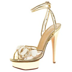 Charlotte Olympia Gold Leather and PVC She Sells Sea Shells Ankle Wrap Platform 