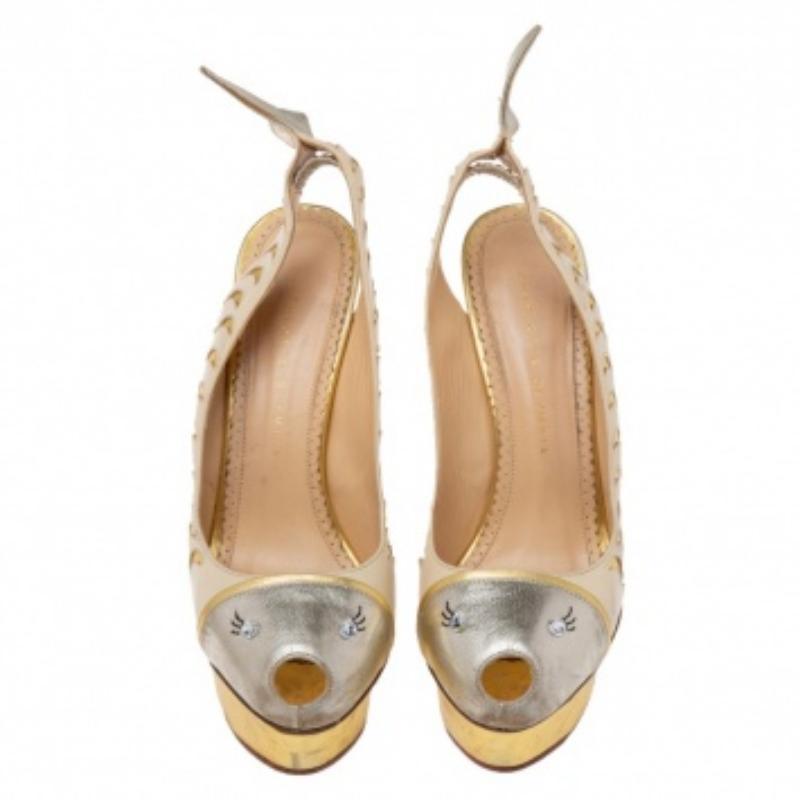 Women's Charlotte Olympia Gold Leather Catch of the Day Platform Slingback Pumps Size 39