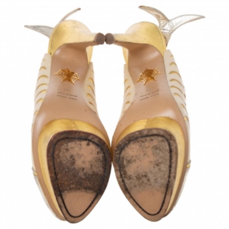 Charlotte Olympia Gold Leather Catch of the Day Platform Slingback Pumps Size 39 4
