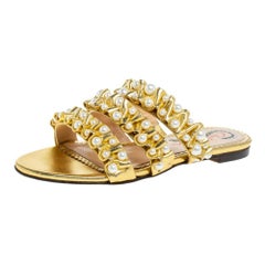 Charlotte Olympia Gold Leather Celina Pearl Embellished Slide Sandals Size 35