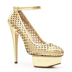 CHARLOTTE OLYMPIA gold leather cut out almond toe platform ankle strap pump EU37