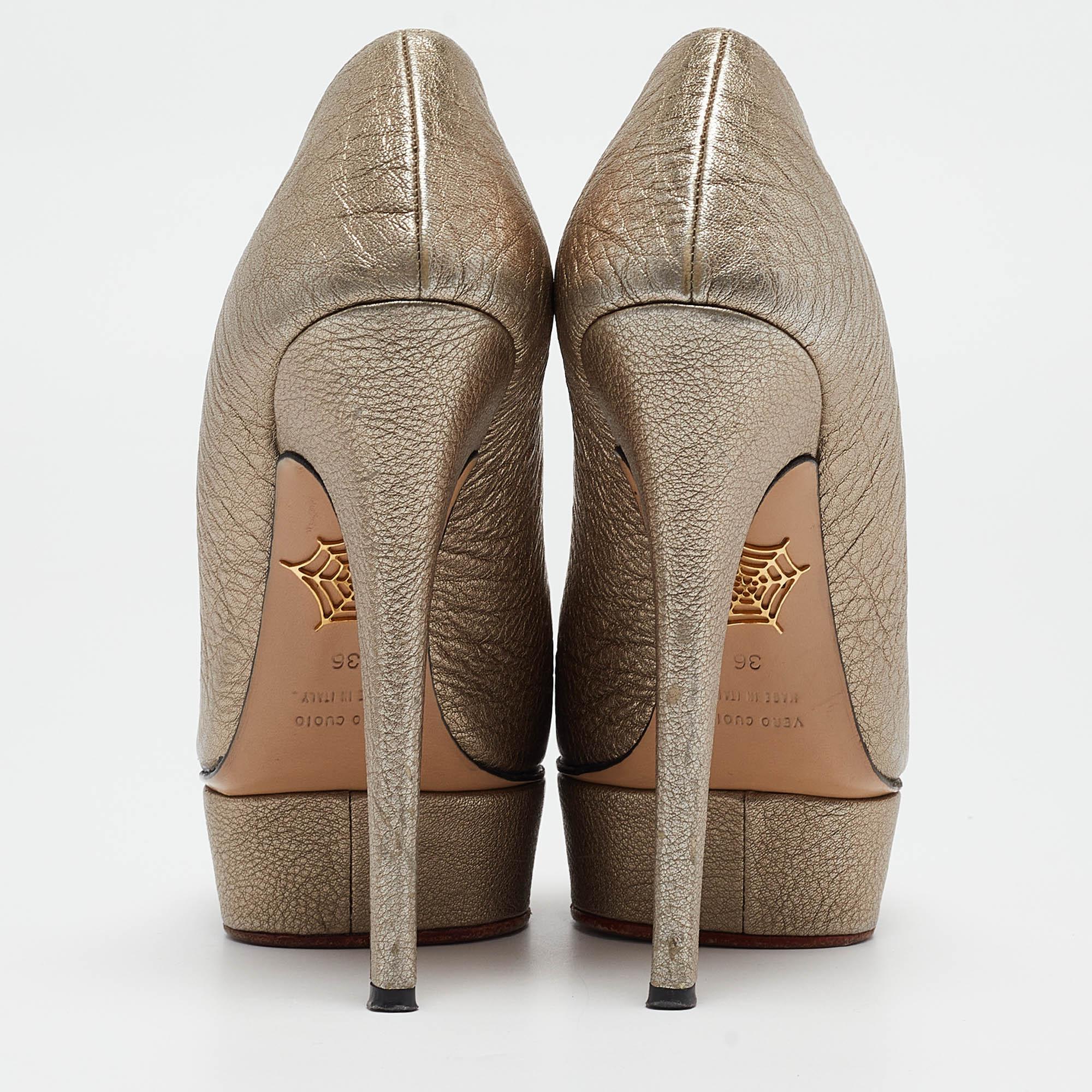 De las mujeres Charlotte Olympia Bombas de plataforma de cuero dorado talla 36
