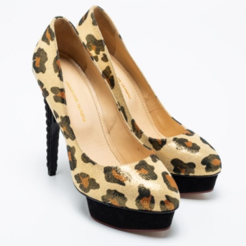 Women's Charlotte Olympia Gold Leopard Print Glitter Suede Dolly  Pumps Size 39 For Sale