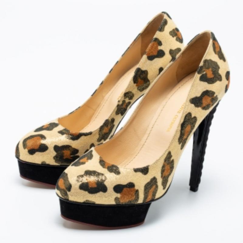 Charlotte Olympia Gold Leopard Print Glitter Suede Dolly  Pumps Size 39 For Sale 1