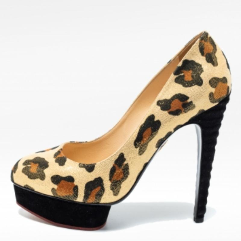 Charlotte Olympia Gold Leopard Print Glitter Suede Dolly  Pumps Size 39 For Sale