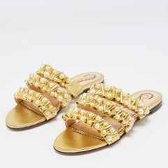 Charlotte Olympia Gold Pleated Leather Pearl Embellished Flats Size 35