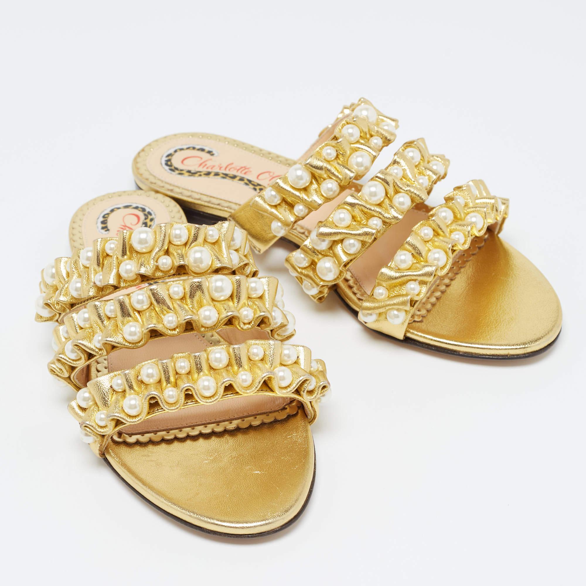 Women's Charlotte Olympia Gold Pleated Leather Pearl Embellished Flats Size 35 For Sale
