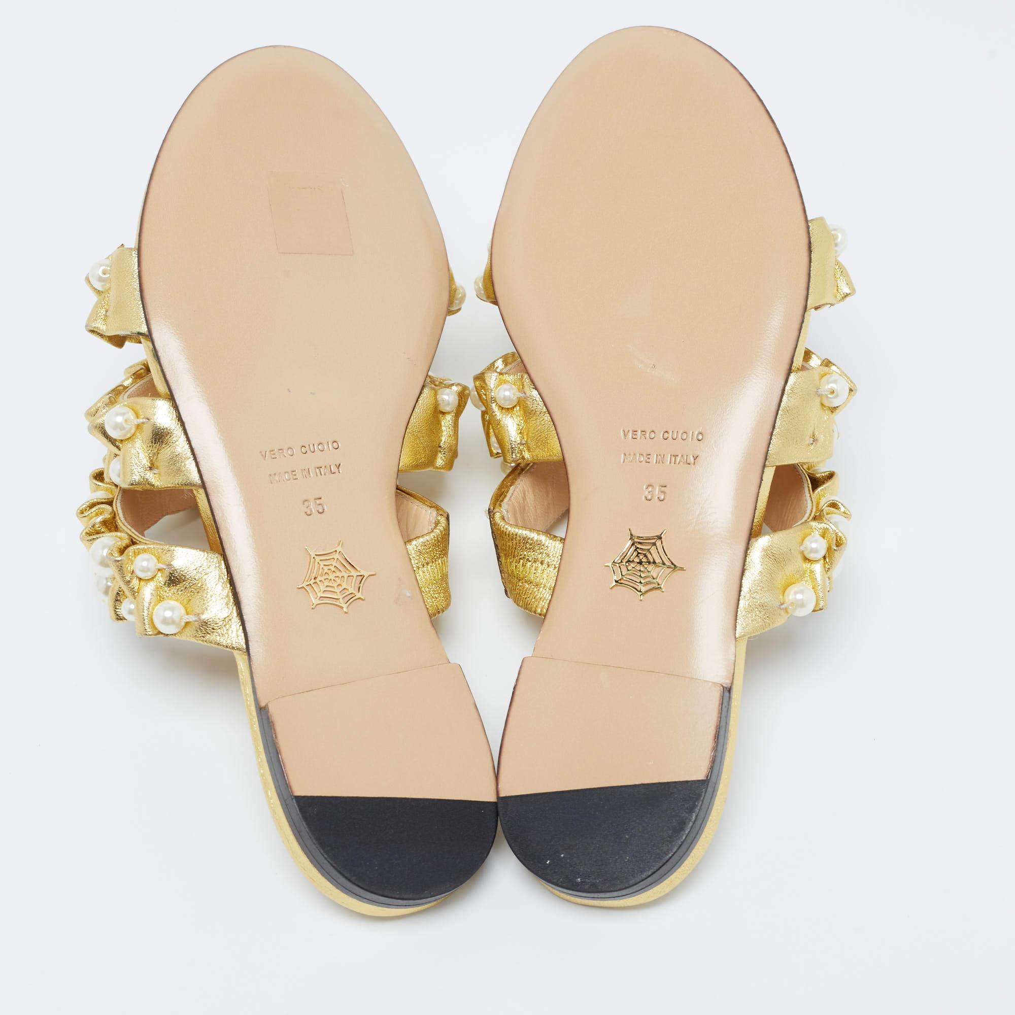 Charlotte Olympia Gold Pleated Leather Pearl Embellished Flats Size 35 For Sale 2