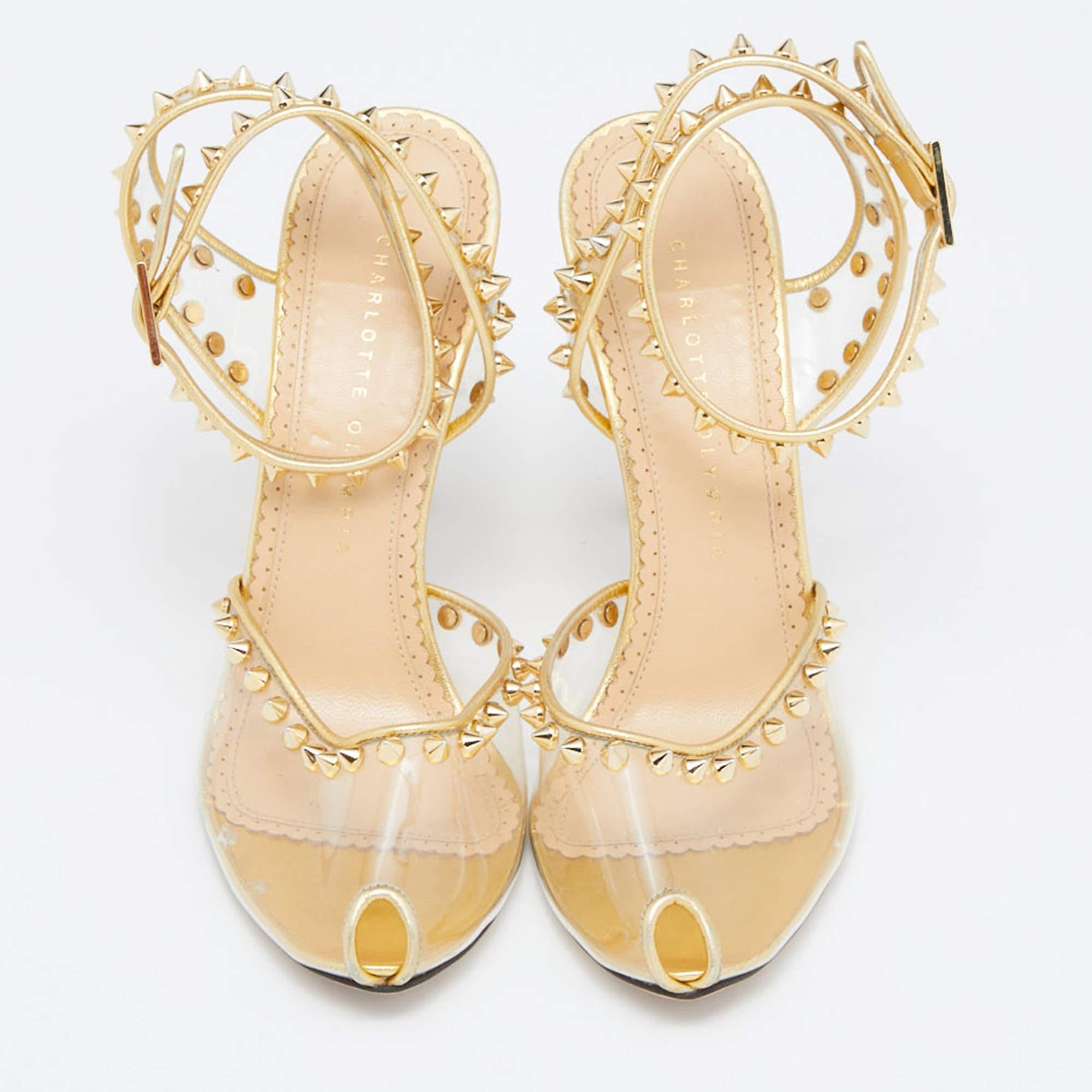 Charlotte Olympia Gold Studded PVC and Leather Soho Peep Toe Sandals Size 38 In Fair Condition In Dubai, Al Qouz 2