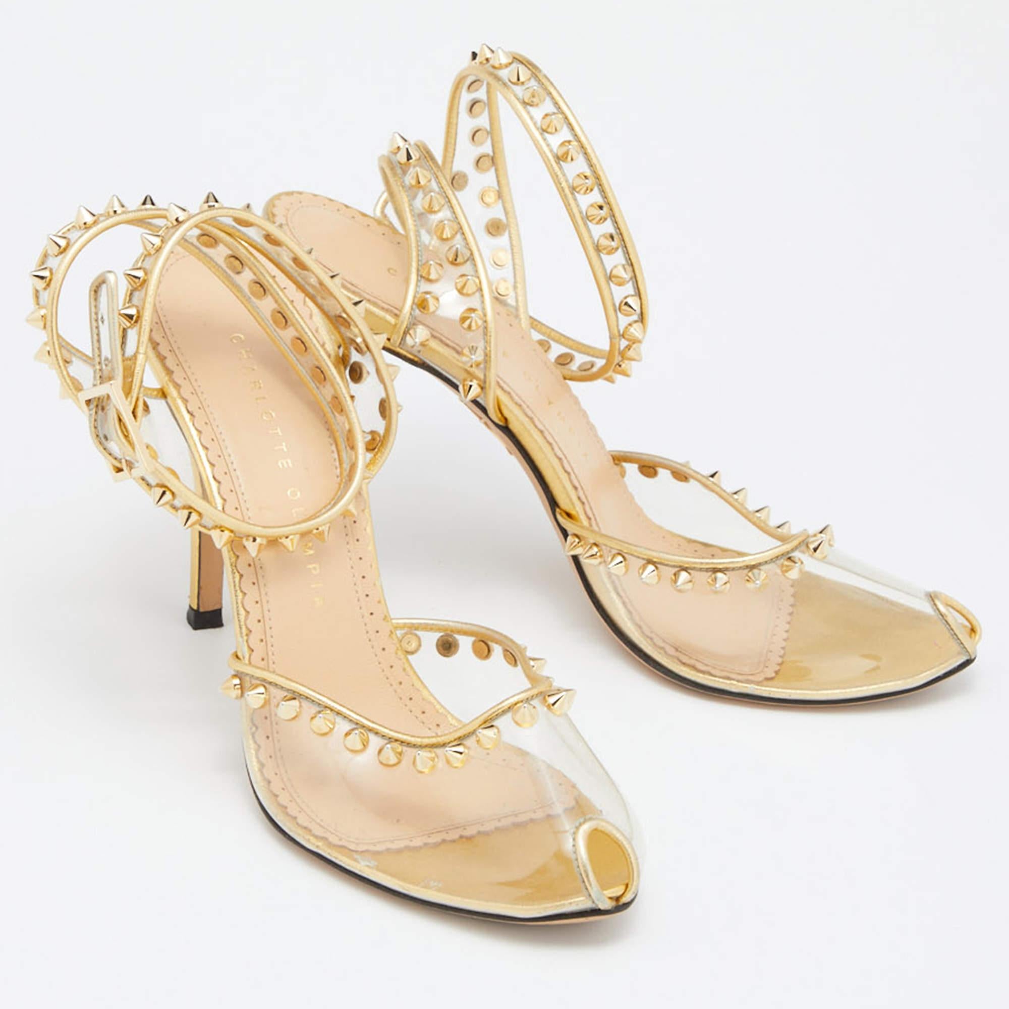Women's Charlotte Olympia Gold Studded PVC and Leather Soho Peep Toe Sandals Size 38