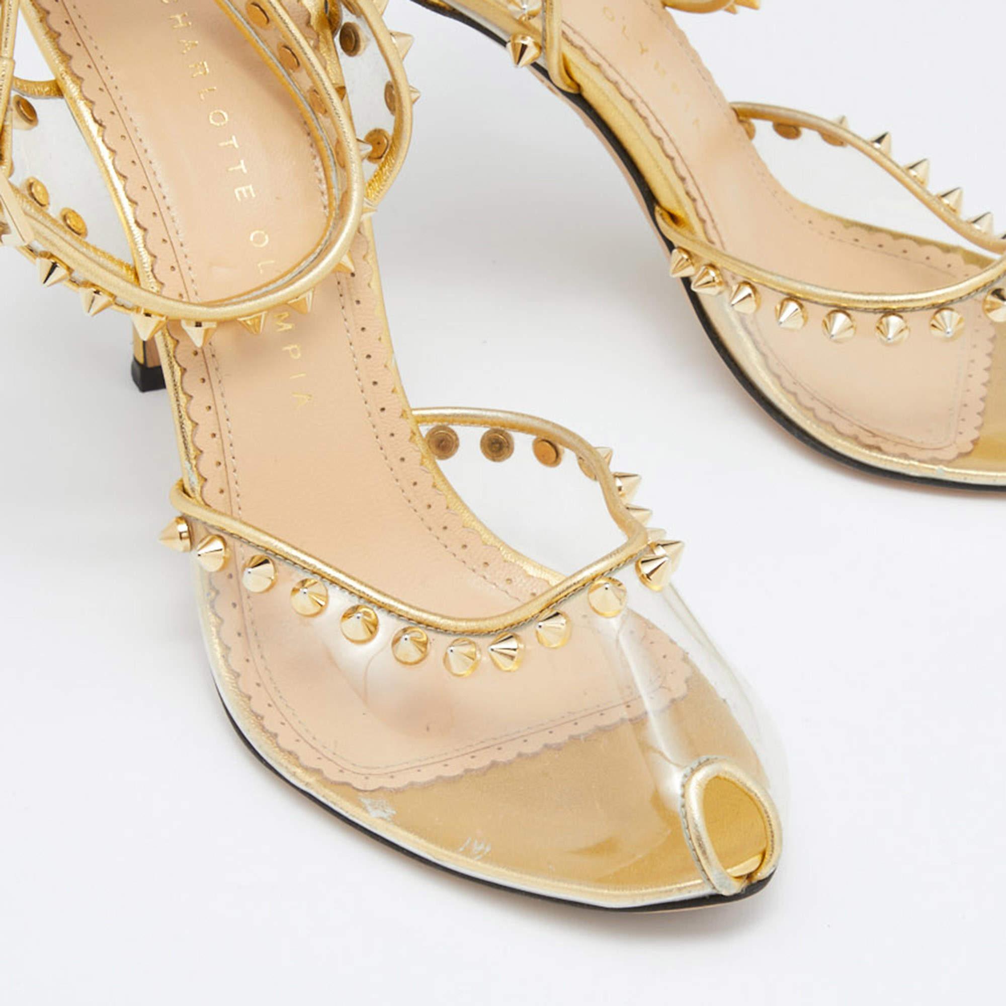 Charlotte Olympia Gold Studded PVC and Leather Soho Peep Toe Sandals Size 38 3