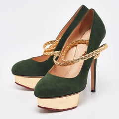 Charlotte Olympia Green/Gold Suede Braided Leather Dolly Ankle Strap Pumps 38.5