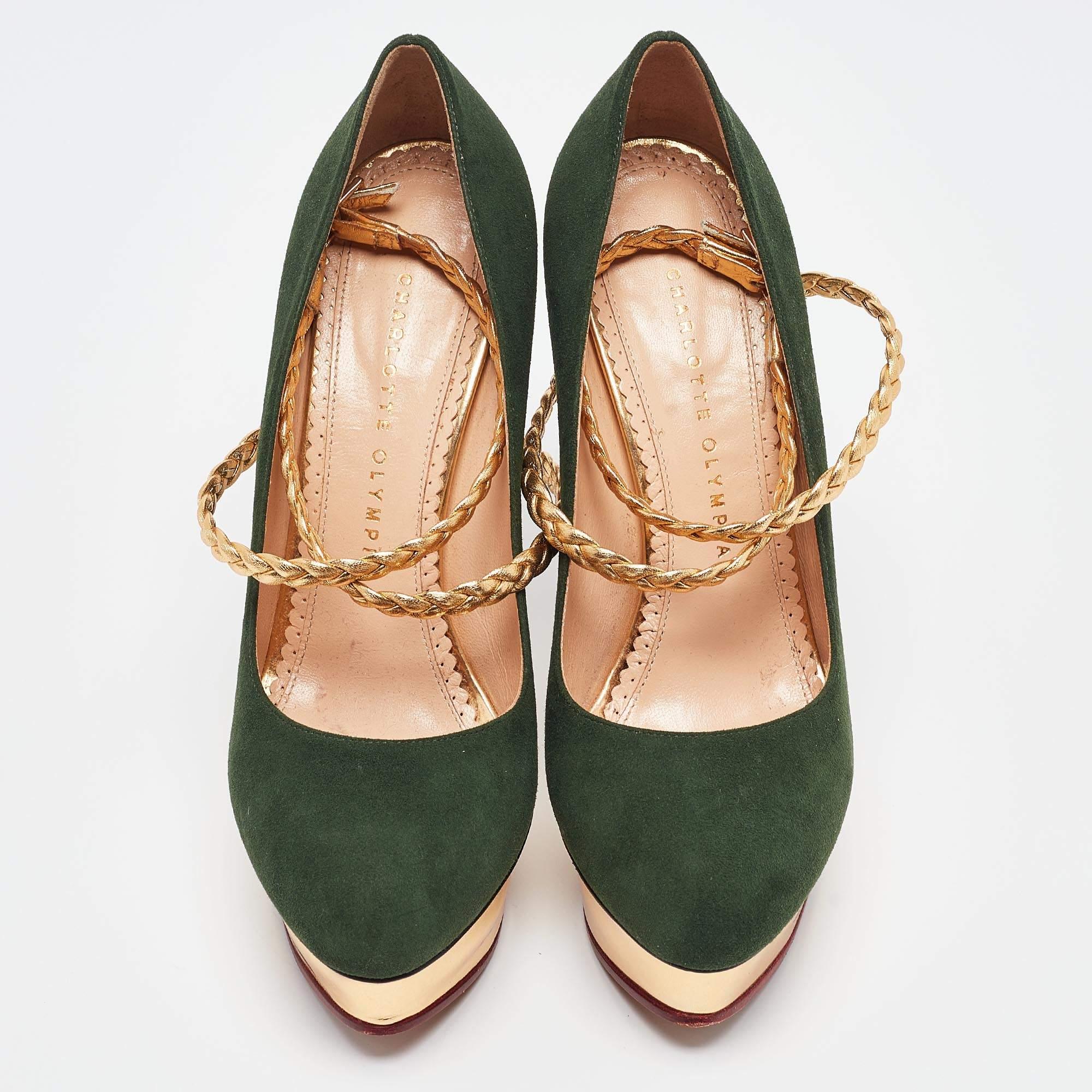 Black Charlotte Olympia Green/Gold Suede Braided Leather Dolly Ankle Strap Pumps 38.5 For Sale