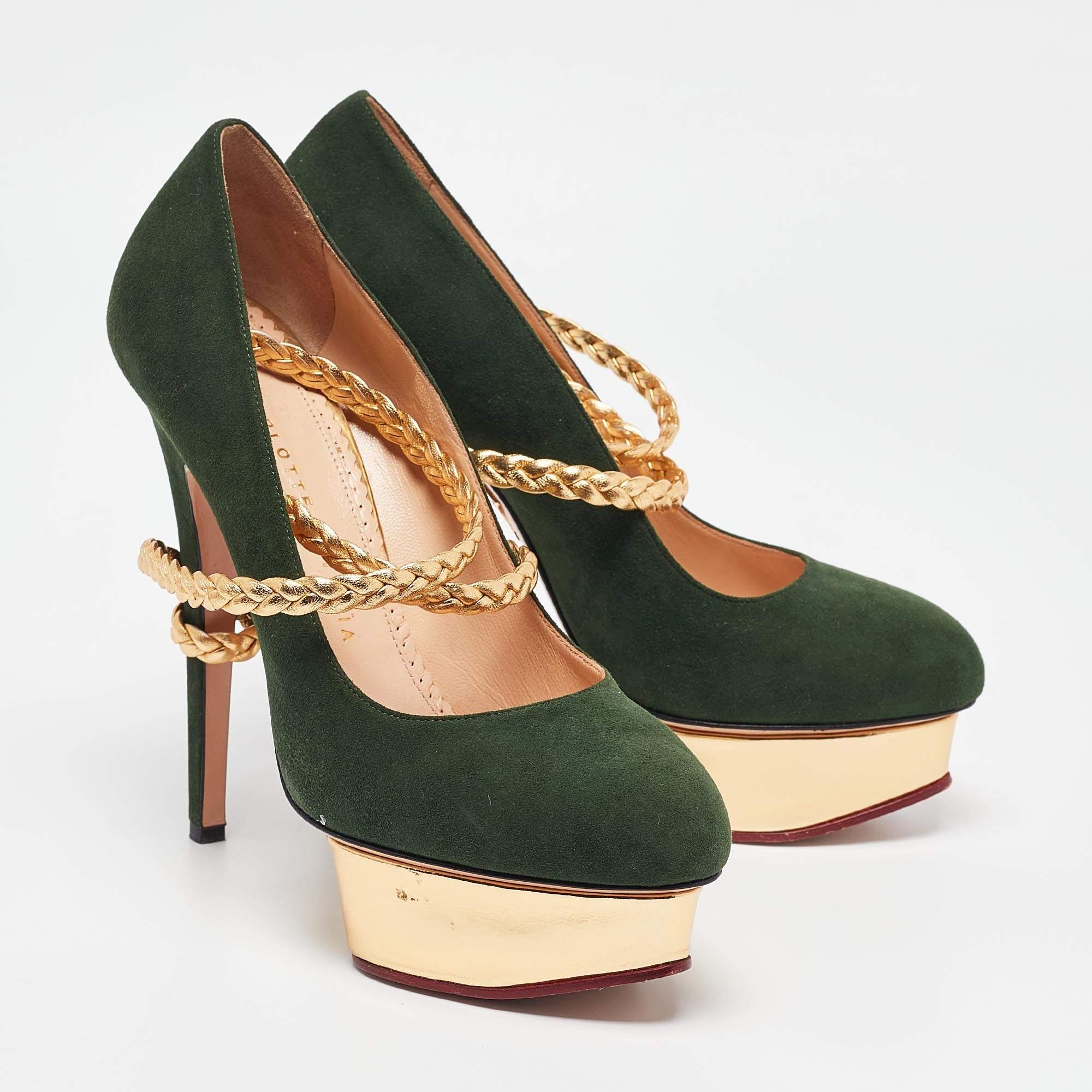 Charlotte Olympia Green/Gold Suede Braided Leather Dolly Ankle Strap Pumps 38.5 In Good Condition For Sale In Dubai, Al Qouz 2
